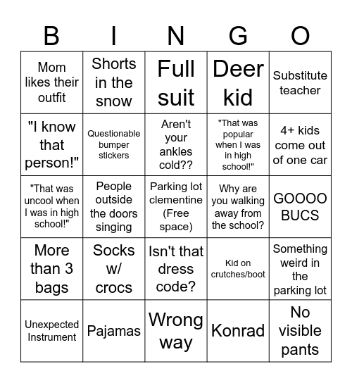 Dropoff Bingo Card