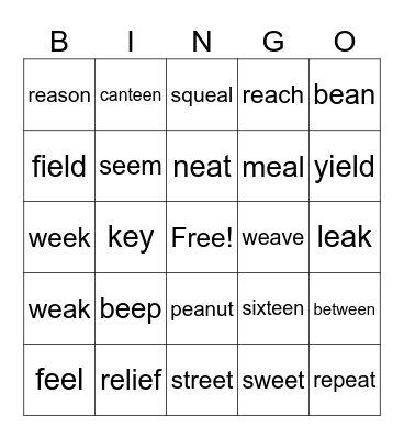 Long E Words Bingo Card
