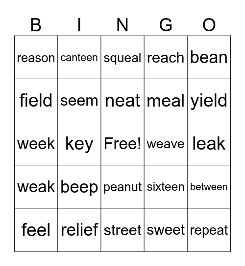 Long E Words Bingo Card