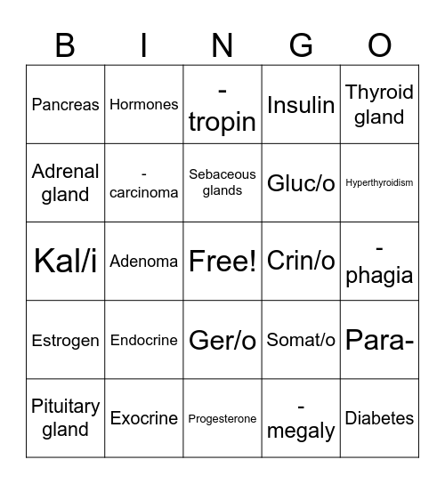 Endocrine System Bingo Card