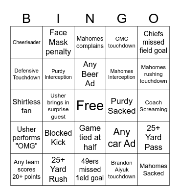 2024 Super Bowl Party Bingo Card