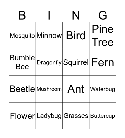 Wetland Wildlife Bingo Card