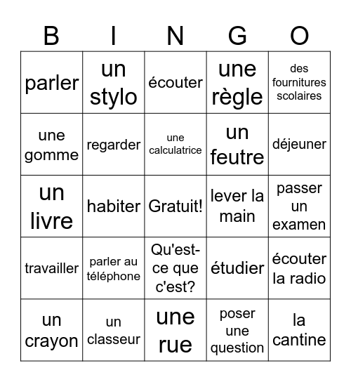 CHAPITRE 3 VOCABULAIRE Bingo Card