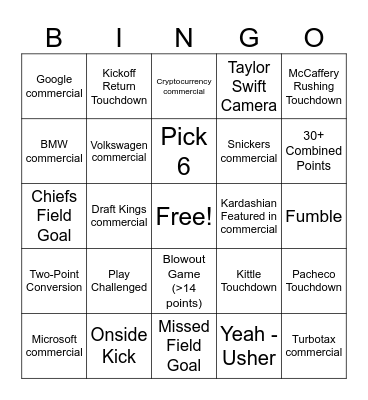 Superbowl LVIII Bingo Card