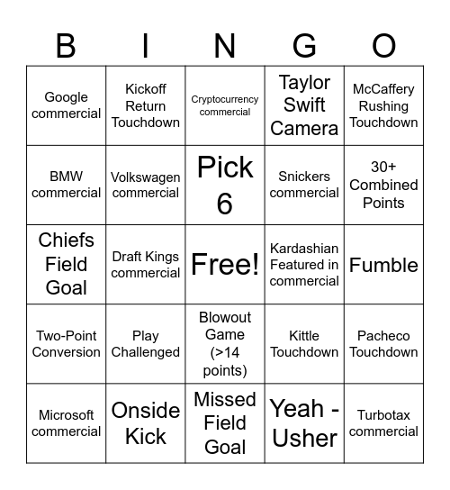 Superbowl LVIII Bingo Card