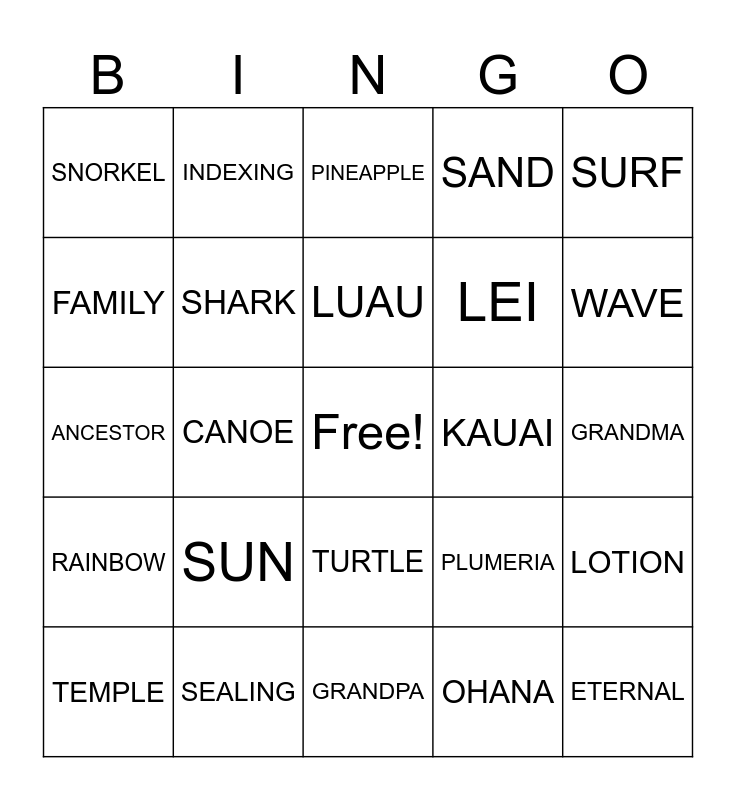 ALOHA BINGO Card ALOHA BINGO Card