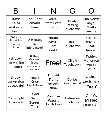 Superbowl Bingo Card