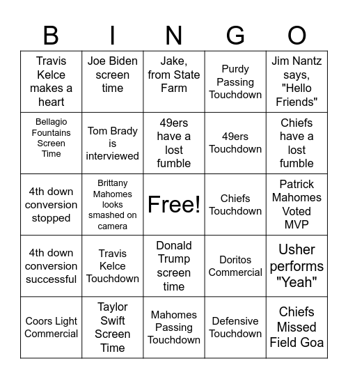 Superbowl Bingo Card