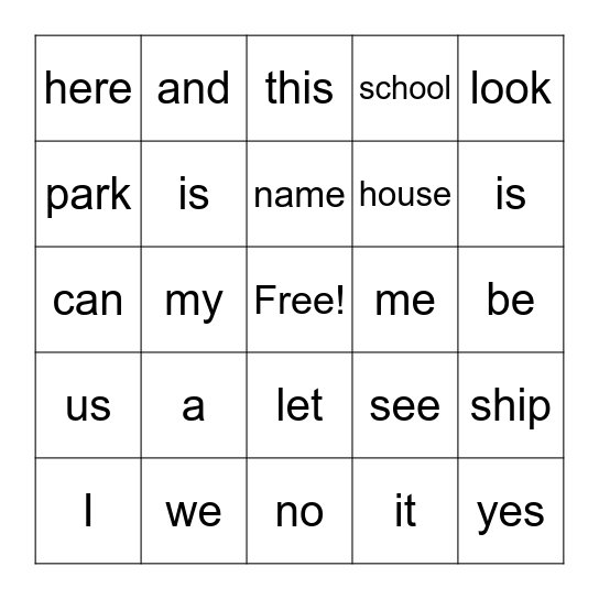 Sight Word Bingo Card