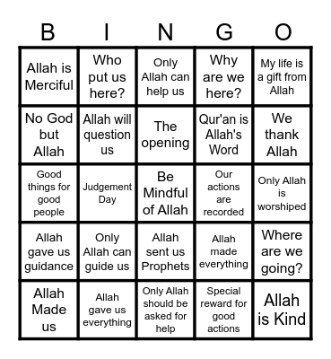Timeless Fatihah Bingo Card