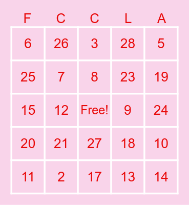 FCCLA Valentines Bingo Card