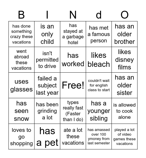 Classroom bingo post vacations #1 Bingo Card