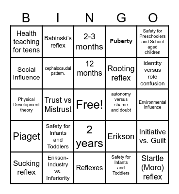 Growth and Development Bingo Card