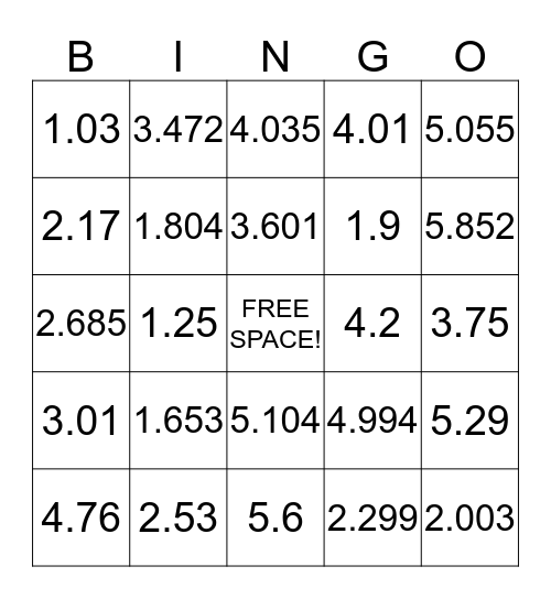 Decimal Bingo Card