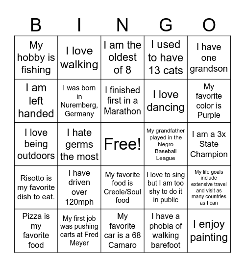 Get to know you Bingo Card