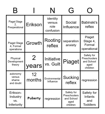 Growth and Development Bingo Card