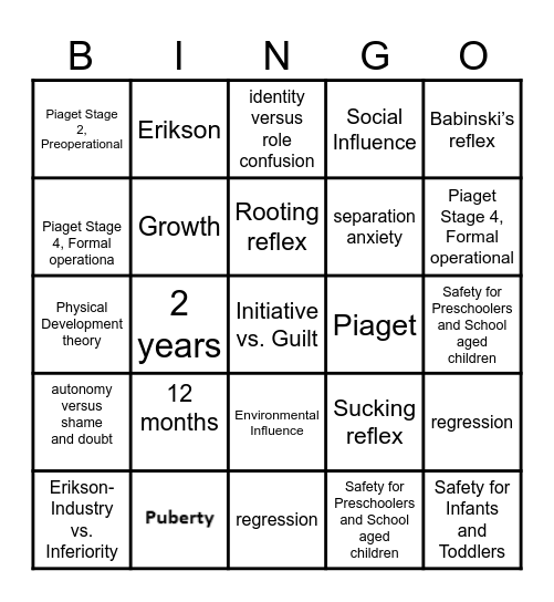 Growth and Development Bingo Card