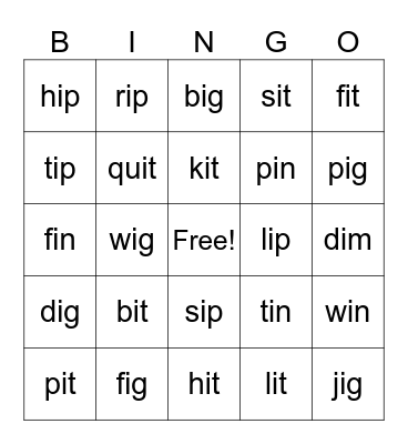 CVC I Words Bingo Card
