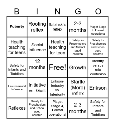 Growth and Development Bingo Card