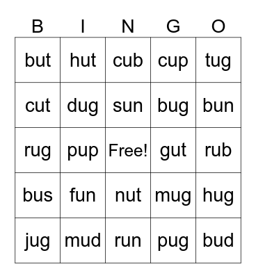 CVC U Words Bingo Card