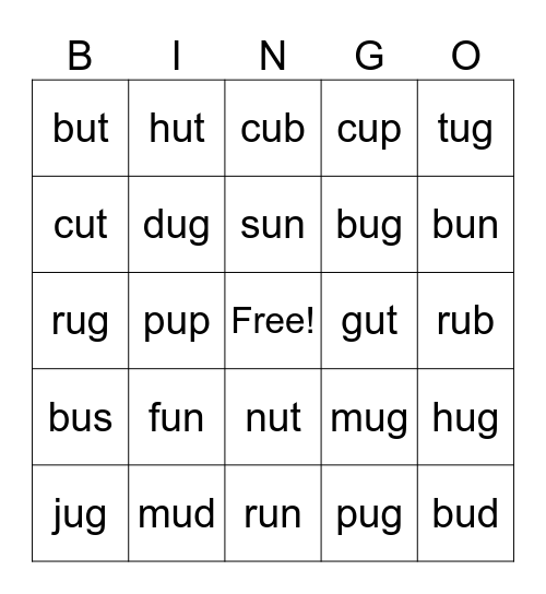 CVC U Words Bingo Card