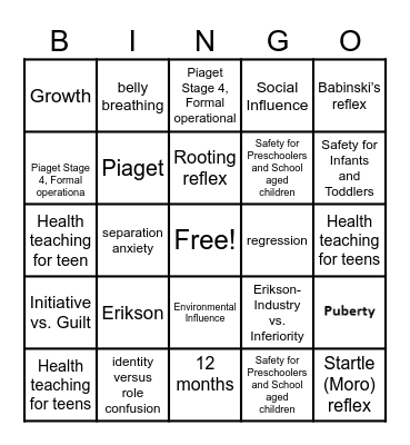 Growth and Development Bingo Card