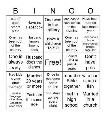 FBCA Valentine's Couples Dinner 2 Bingo Card