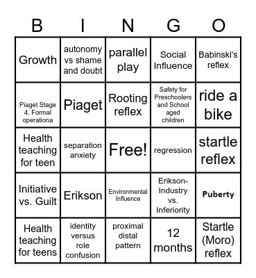 Growth and Development Bingo Card