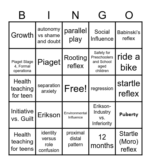 Growth and Development Bingo Card