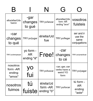 Spn 3-4_Preterite + Pret. Irregulars_Unit 3 review Bingo Card