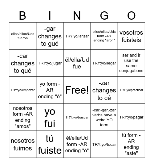 Spn 3-4_Preterite + Pret. Irregulars_Unit 3 review Bingo Card