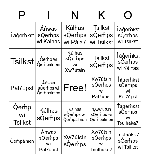 St̓át̓imcets Pinko 1-75 Bingo Card