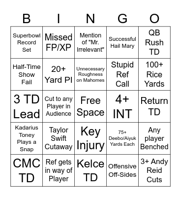 Superbowl Bingo Card