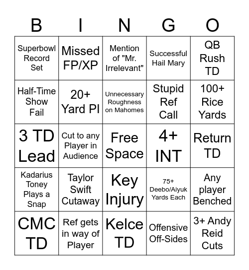 Superbowl Bingo Card