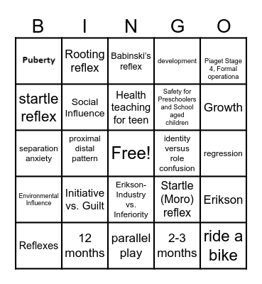 Growth and Development Bingo Card