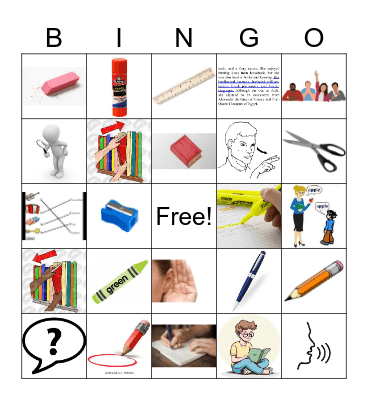 Classroom Verbs & Objects Bingo Card