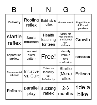 Growth and Development Bingo Card