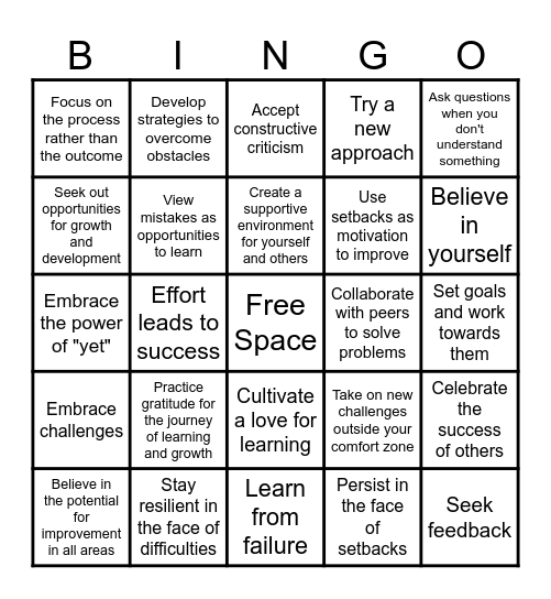 Growth Mindset Bingo Card