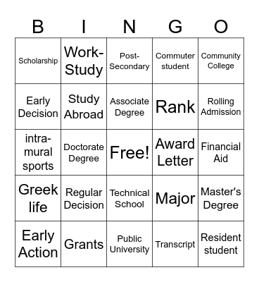 College Vocabulary Bingo Card