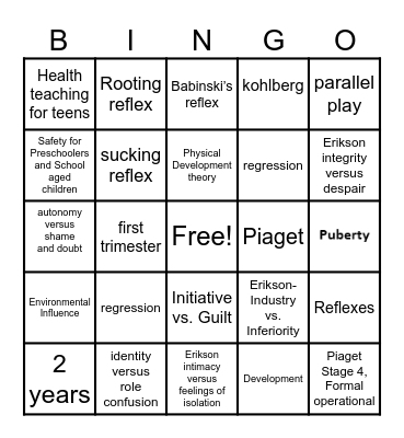 Growth and Development Bingo Card