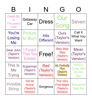 Surprise Songs 2024 Bingo Card