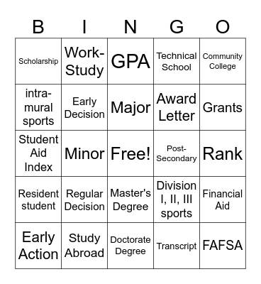 College Vocabulary Bingo Card