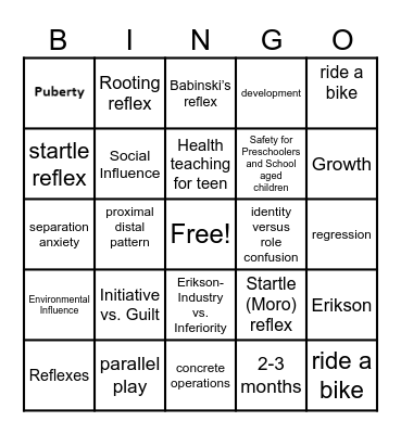 Growth and Development Bingo Card