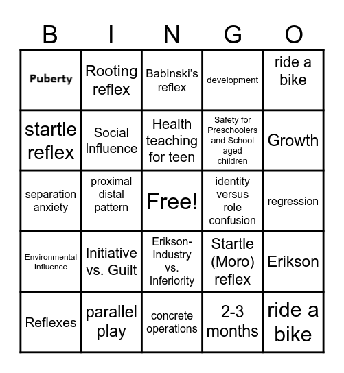 Growth and Development Bingo Card
