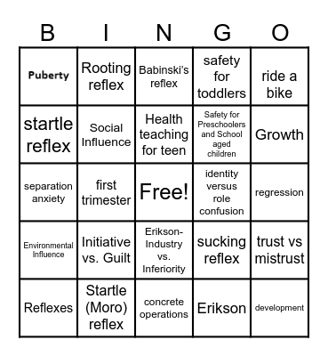 Growth and Development Bingo Card