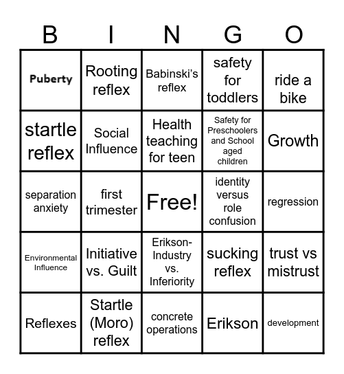 Growth and Development Bingo Card