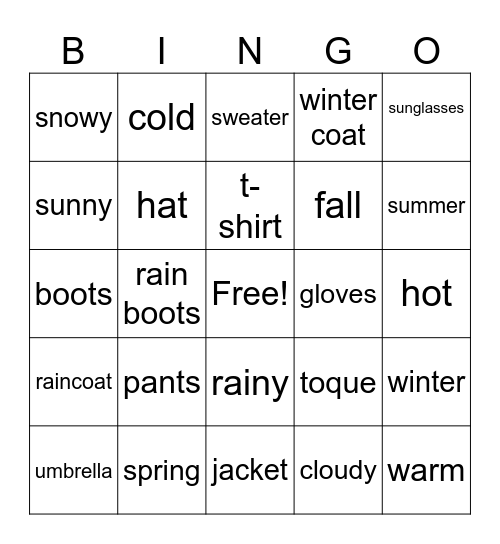 Seasons/Weather/Clothing Bingo Card