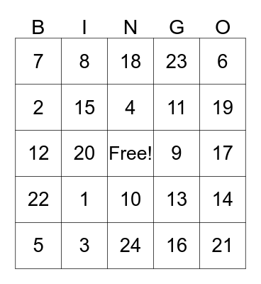 Number Bingo Card
