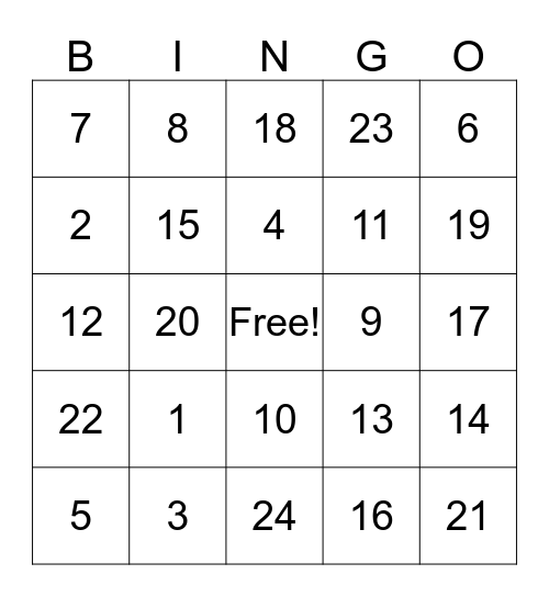 Number Bingo Card