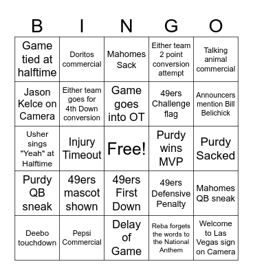Super Bowl Bingo 2024 Bingo Card